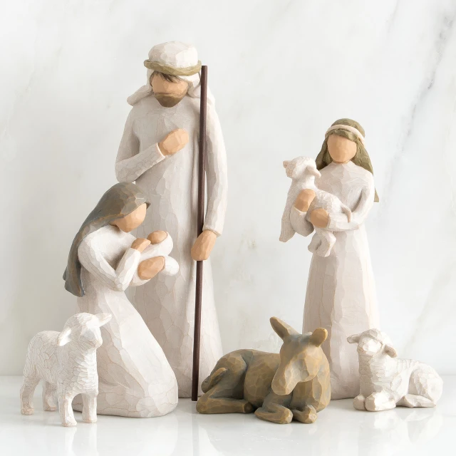 Willow Tree® Nativity figures of Mary, Joseph, baby Jesus, shepherd and animals
